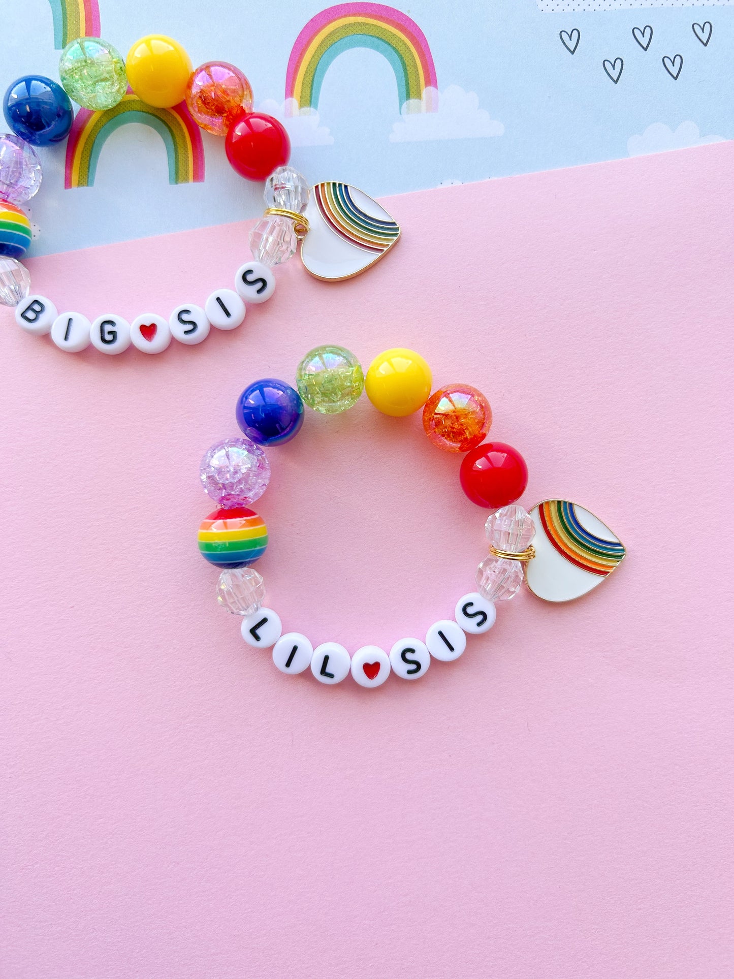 Big Sis OR Lil Sis Rainbow Heart Charm Bracelet