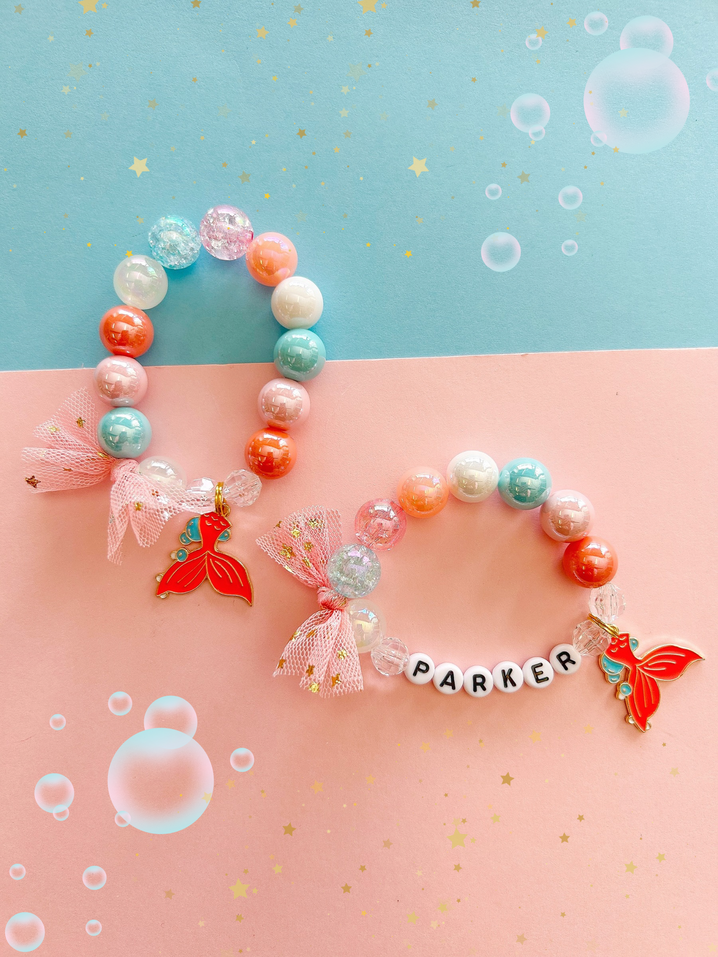 Mermaid Beachy Charm Bracelet, Personalized, Custom Name