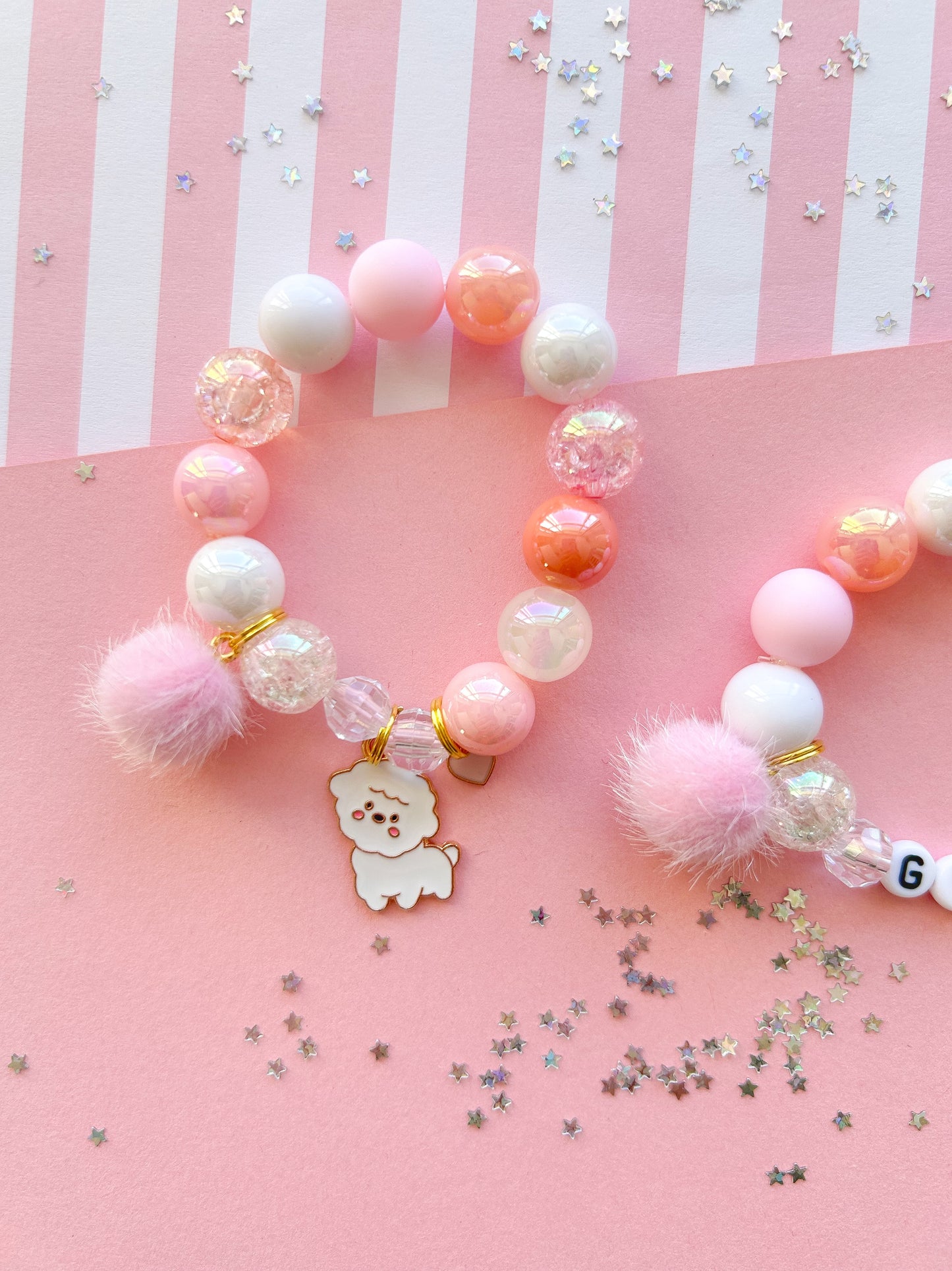 White Puppy Dog Beaded Charm Bracelet With Pom Pom