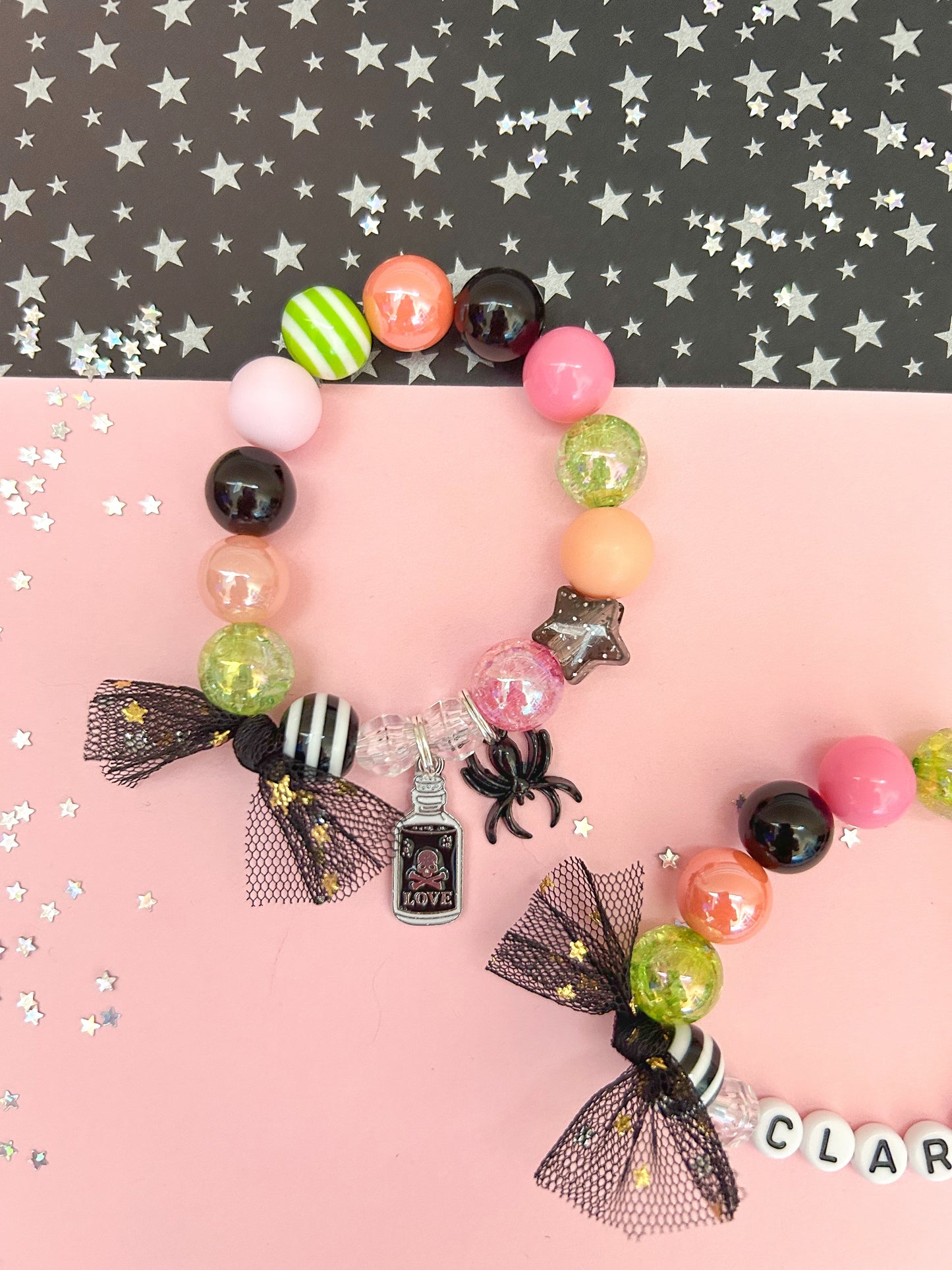 Halloween Love Potion Kids Charm Bracelet, Personalized, Custom Name Bright Colors