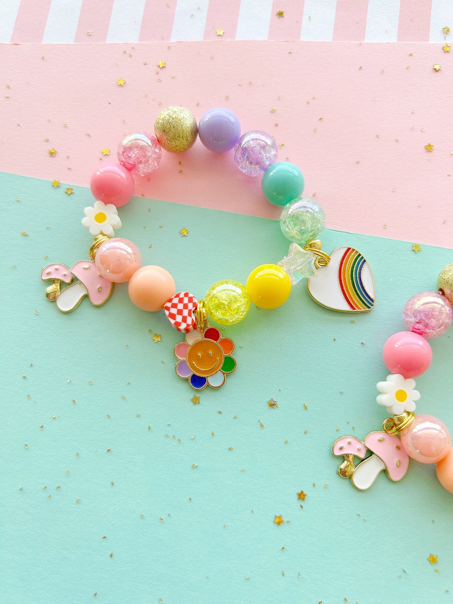 Mushroom Daisy and Rainbow Heart Multi Charm Bracelet