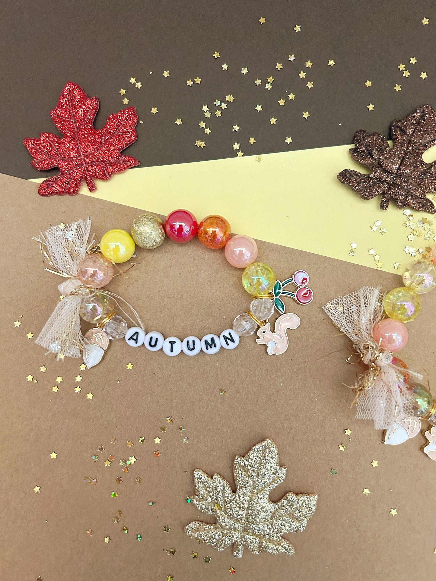 Autumn Fall Squirrel Cherries Kids Charm Bracelet, Personalized, Custom Name