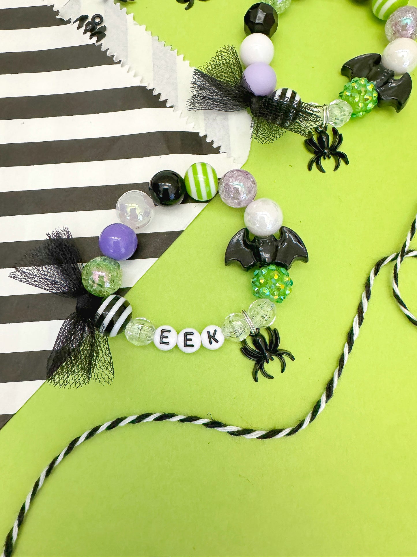 Halloween Spider Bat Charm Bracelet with Tulle, Kids Adult, Personalized, Custom Name
