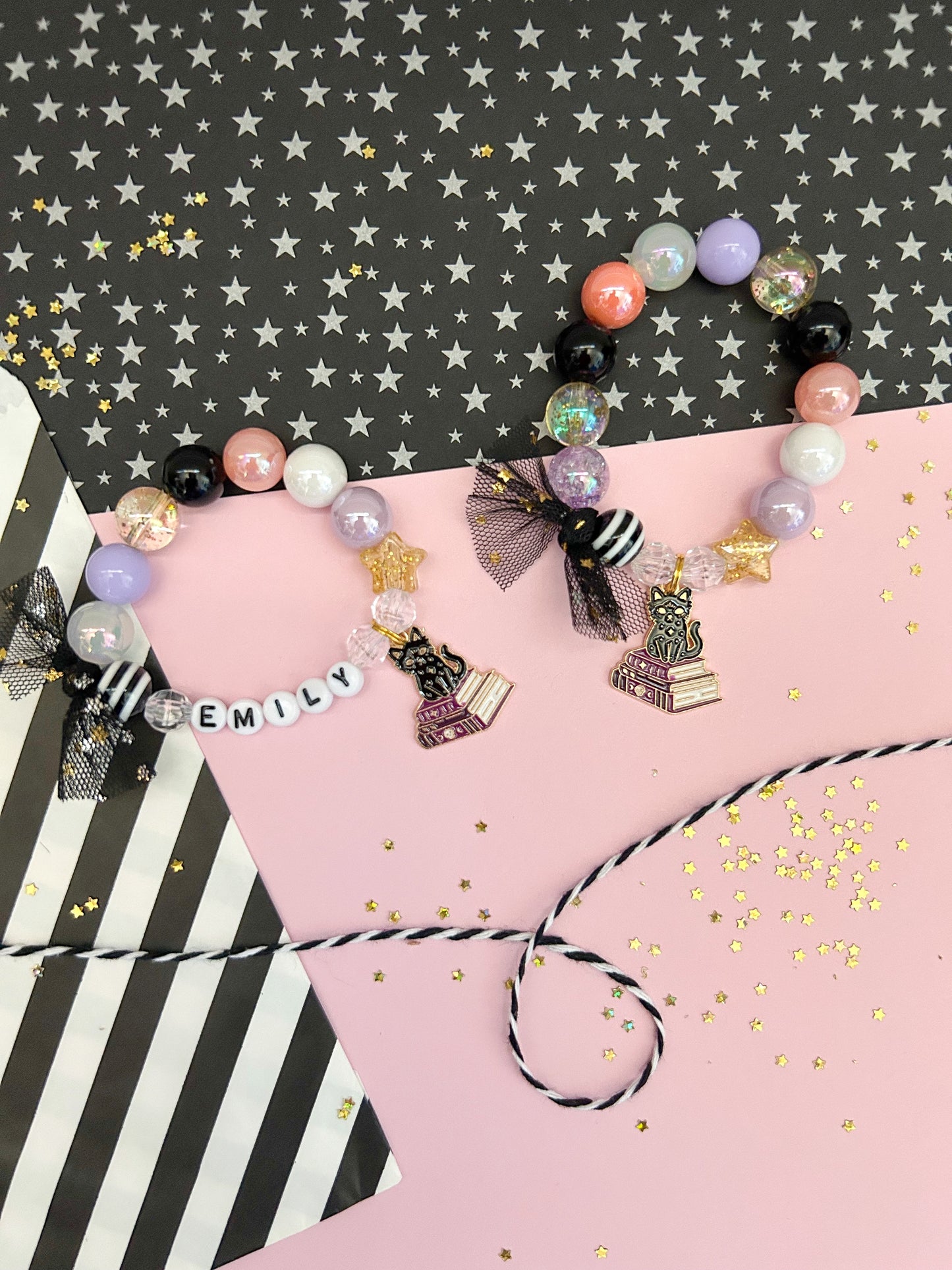 Halloween Cat Witch Spell Kids Charm Bracelet, Personalized, Custom Name
