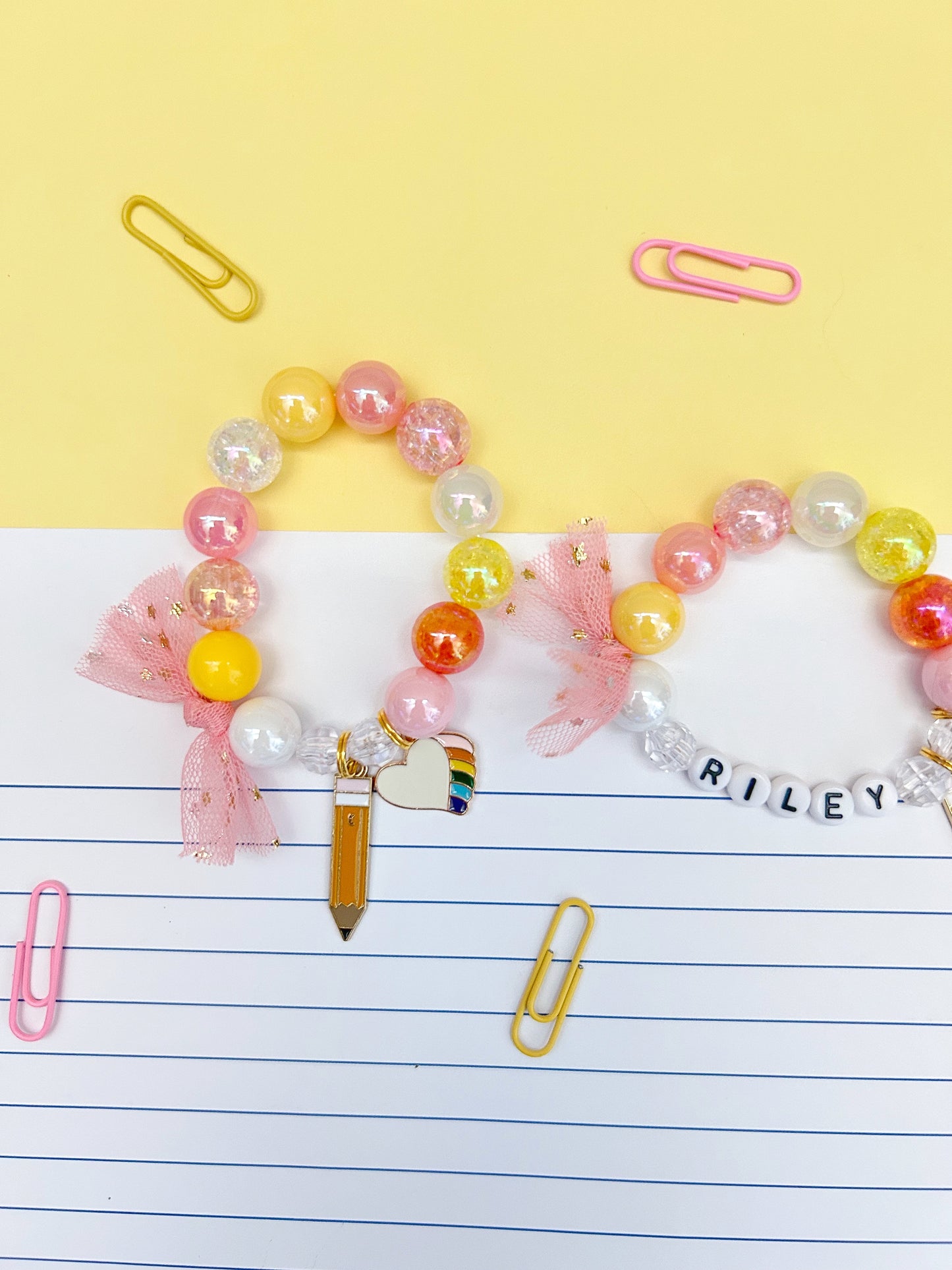 Back to School Kids Pencil and Heart Beaded Charm Bracelet, Personalized, Custom Name