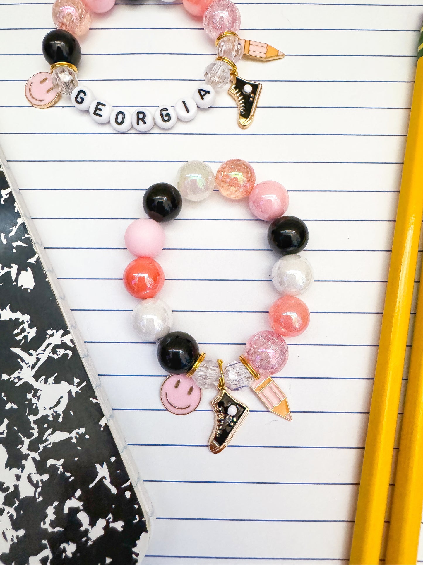 Kids Back to School Pencil Crayon Shoe Charm Bracelet, Personalized, Custom Name
