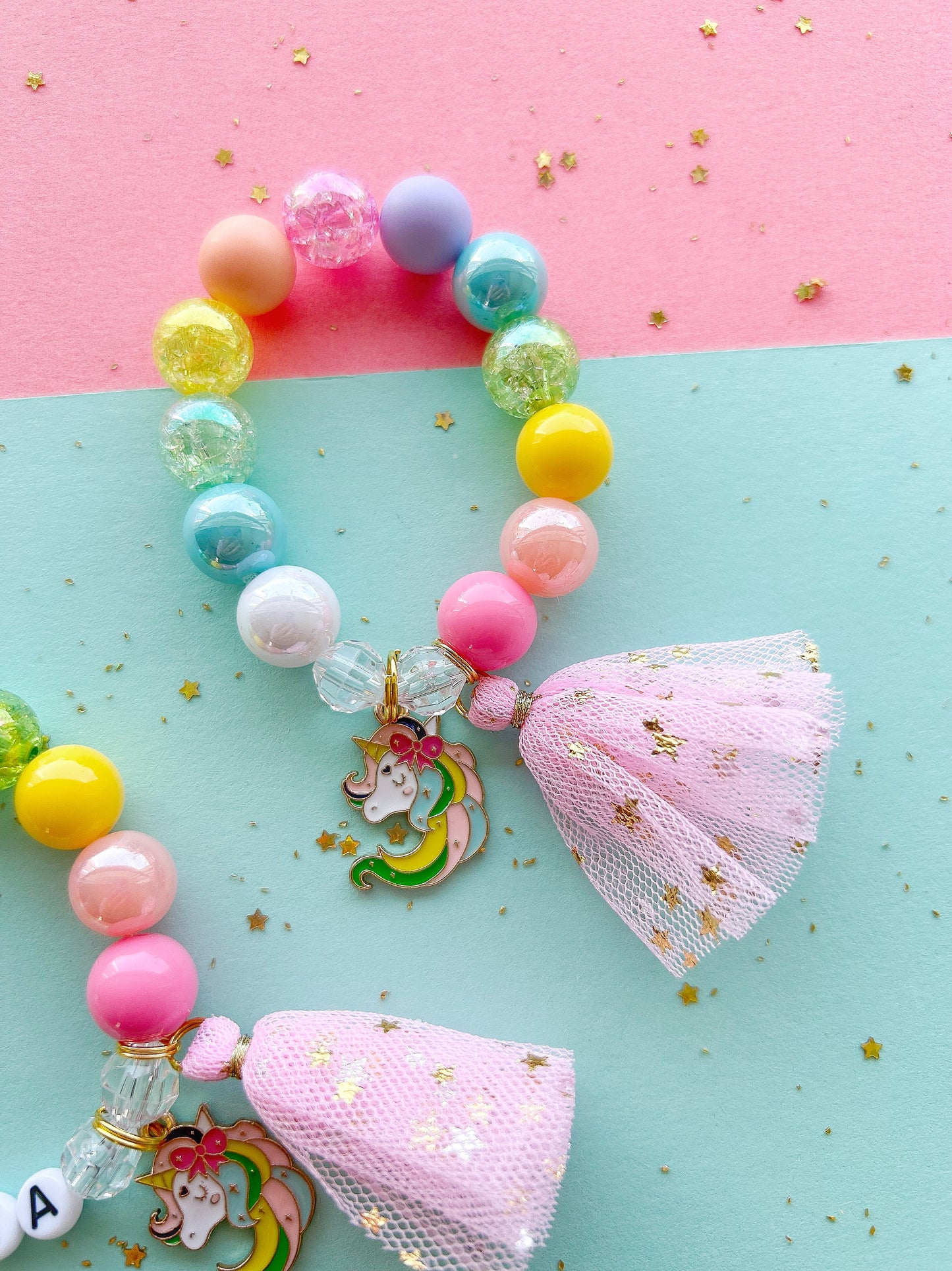 Rainbow Unicorn Kids Tassel Charm Bracelet, Personalized, Custom Name