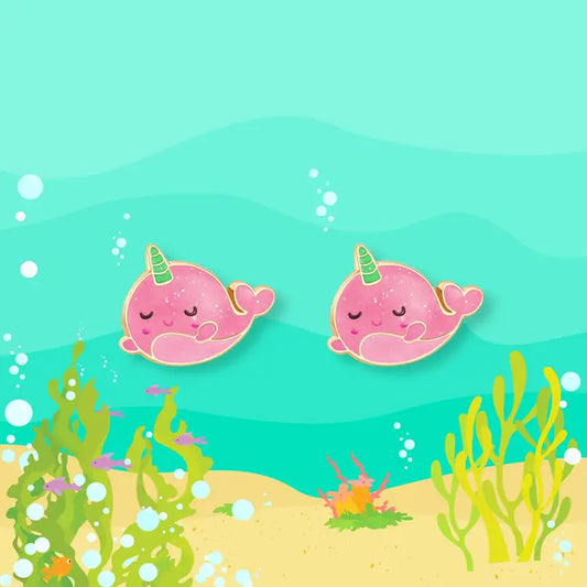 Stud Earrings - Hypoallergenic, Lead and Nickel Free - Glitter Pink Narwhal