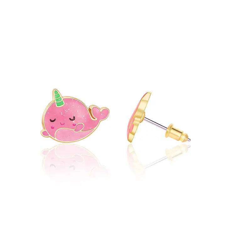 Stud Earrings - Hypoallergenic, Lead and Nickel Free - Glitter Pink Narwhal
