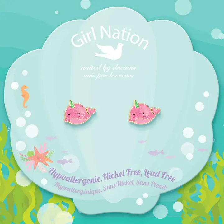 Stud Earrings - Hypoallergenic, Lead and Nickel Free - Glitter Pink Narwhal
