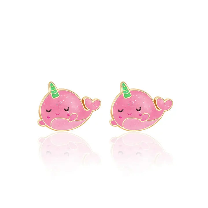 Stud Earrings - Hypoallergenic, Lead and Nickel Free - Glitter Pink Narwhal