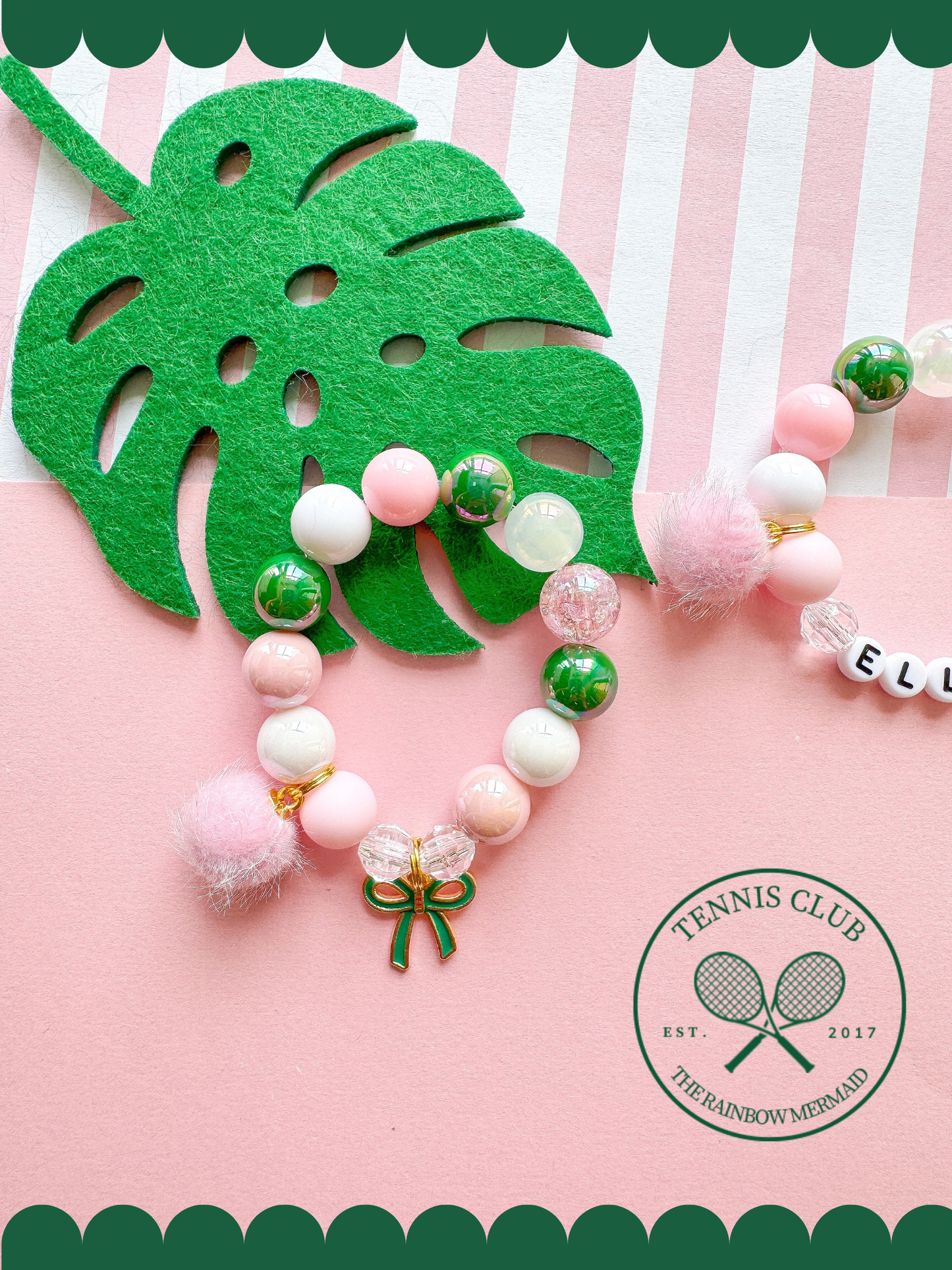 Tennis Club Pink, Green and White Bow Charm Bracelet