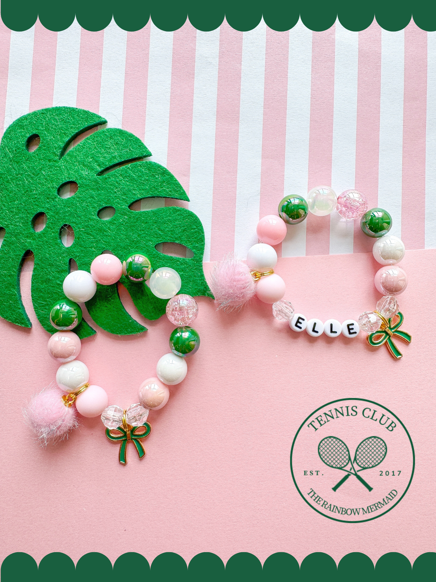 Tennis Club Pink, Green and White Bow Charm Bracelet