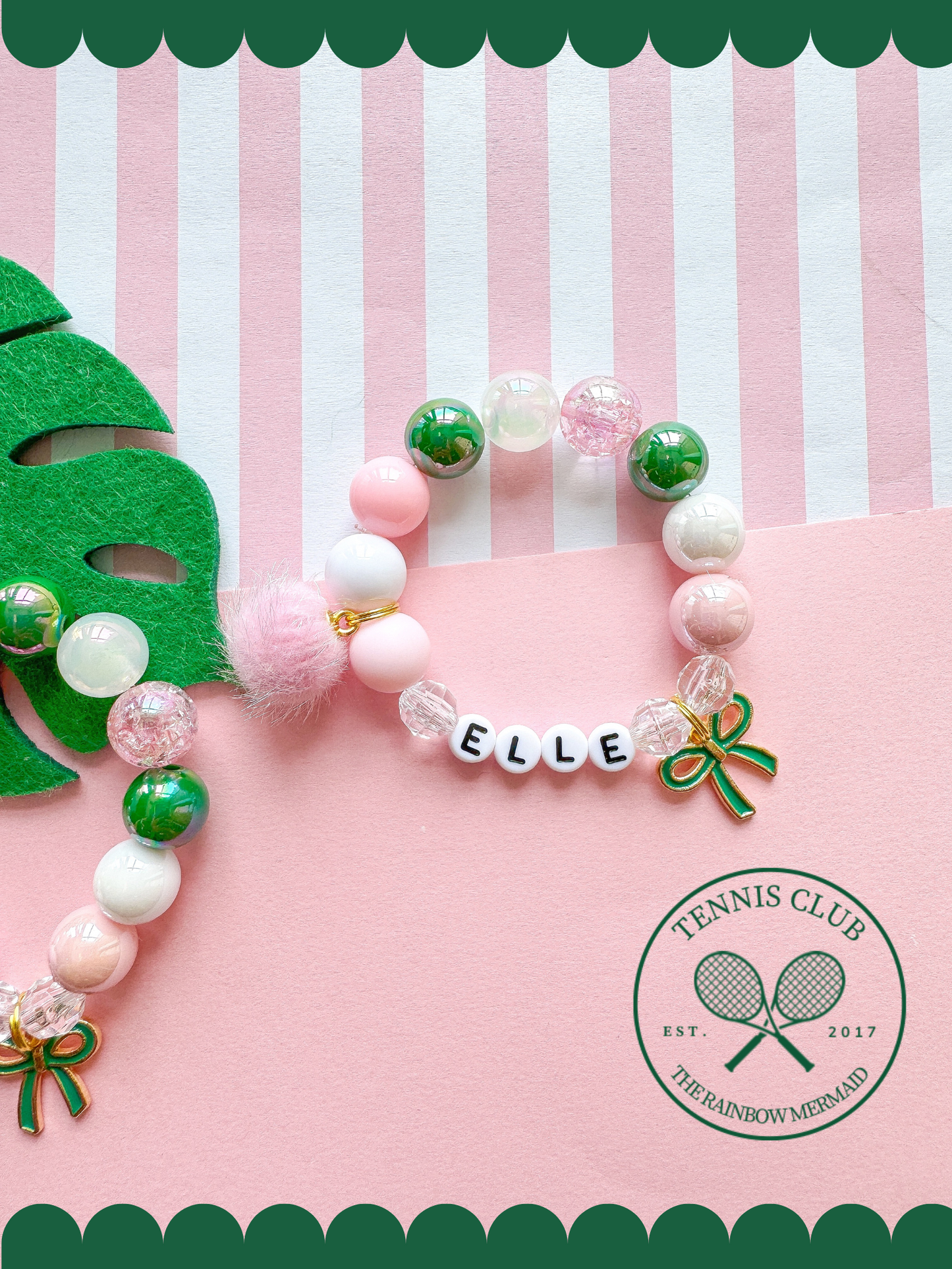 Tennis Club Pink, Green and White Bow Charm Bracelet