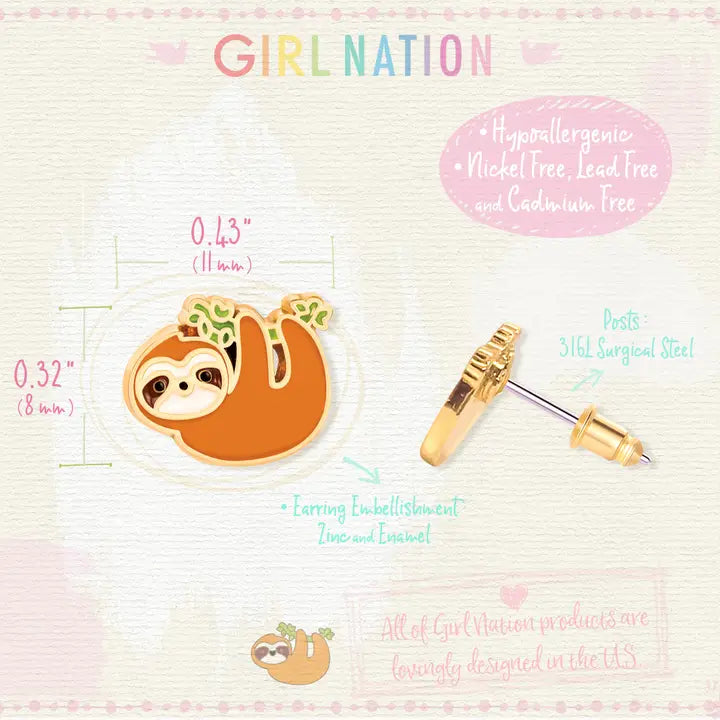 Stud Earrings - Hypoallergenic, Lead and Nickel Free - Playful Sloth