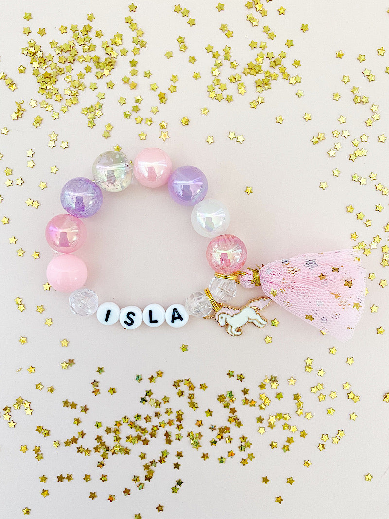 Kids Magical Unicorn Tassel Charm Bracelet, Personalized, Custom Name, Tulle Tassel