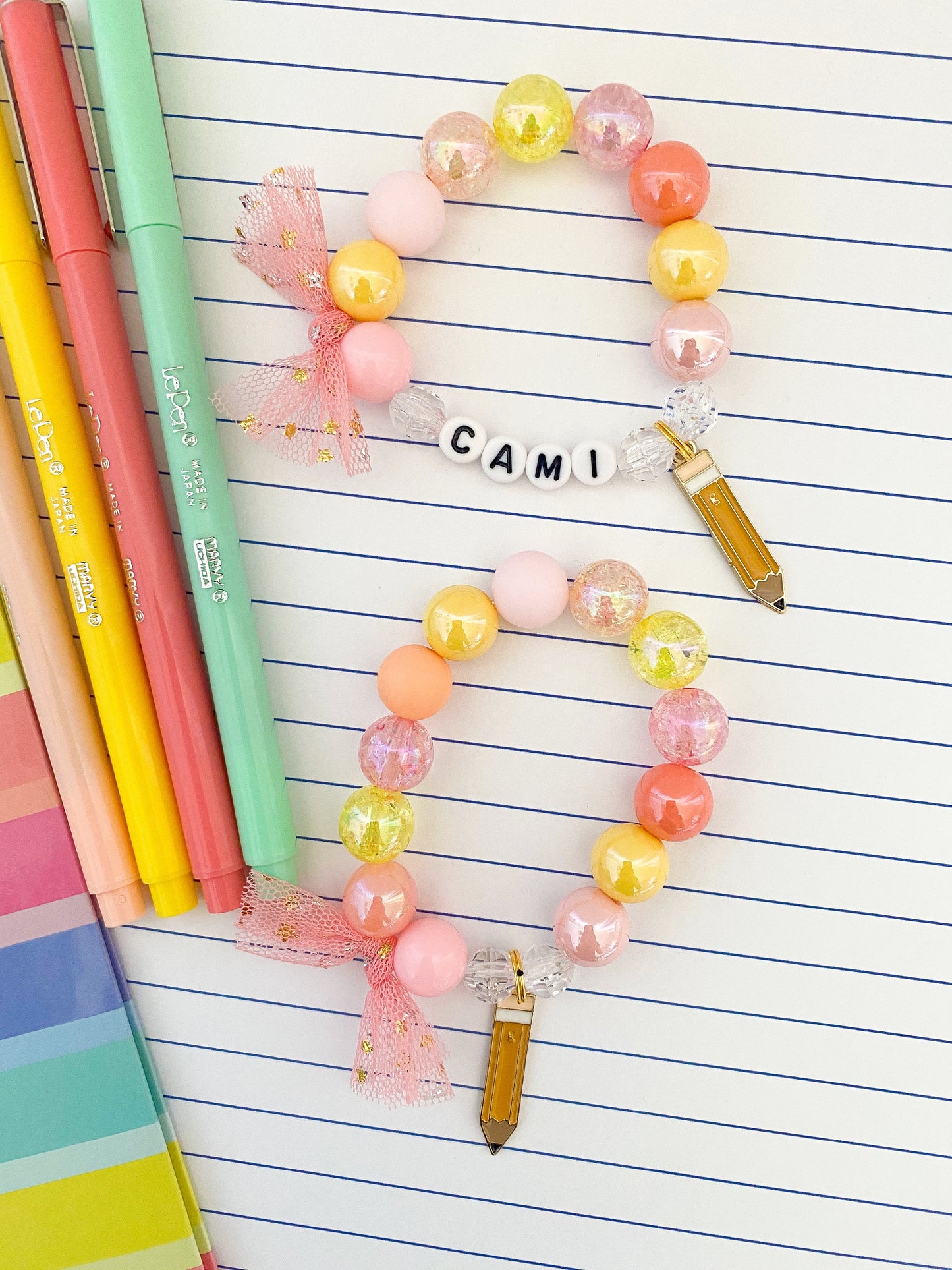 Back to School Kids Pastel Colors Pencil Charm Bracelet, Personalized Custom Name