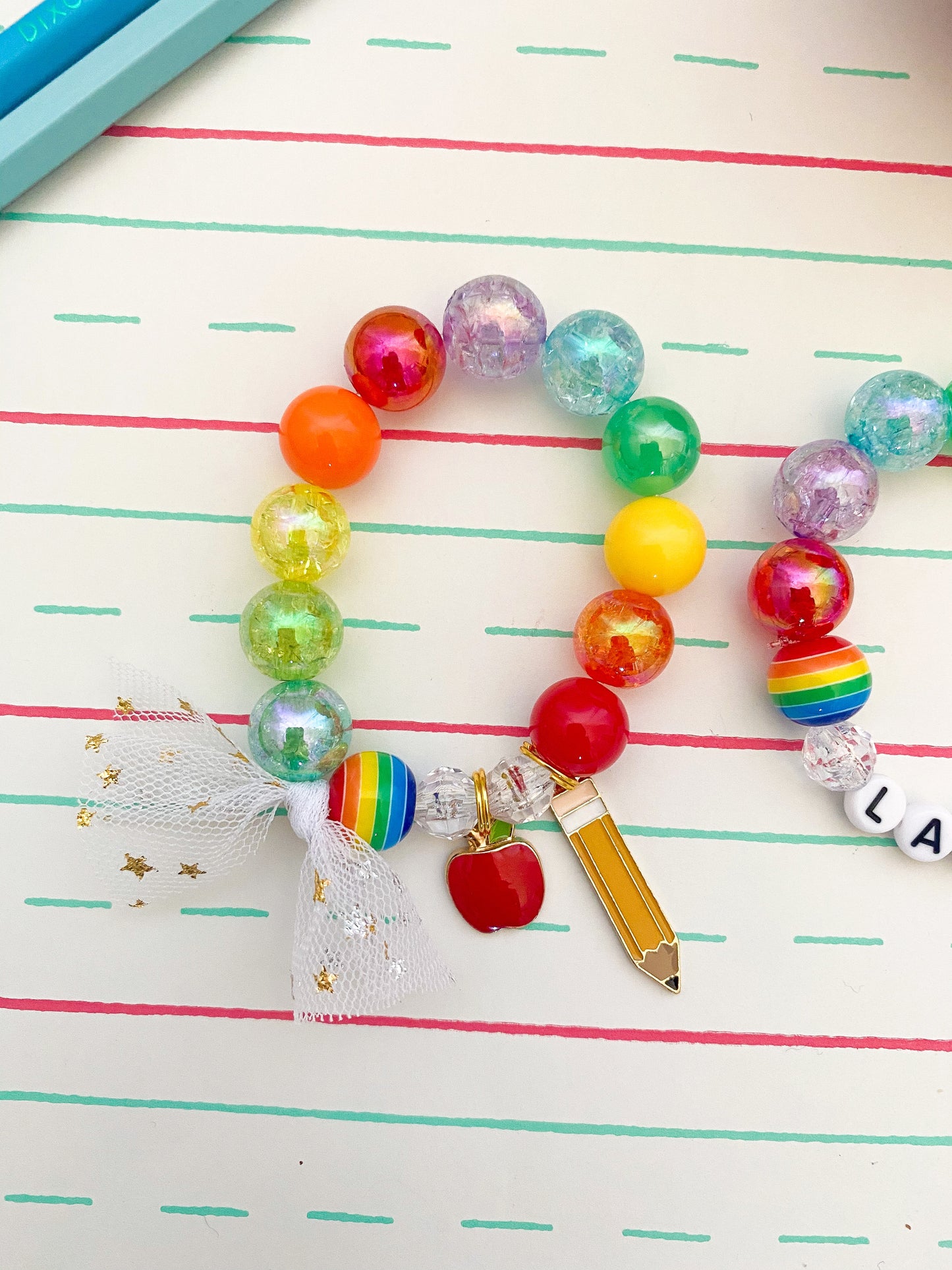 Back to School: Rainbow Pencil and Apple Charm Bracelet- Customizable