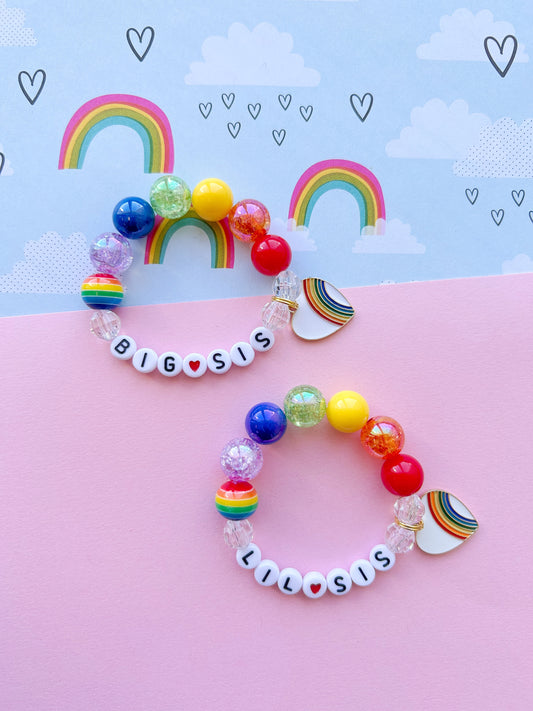 Big Sis OR Lil Sis Rainbow Heart Charm Bracelet