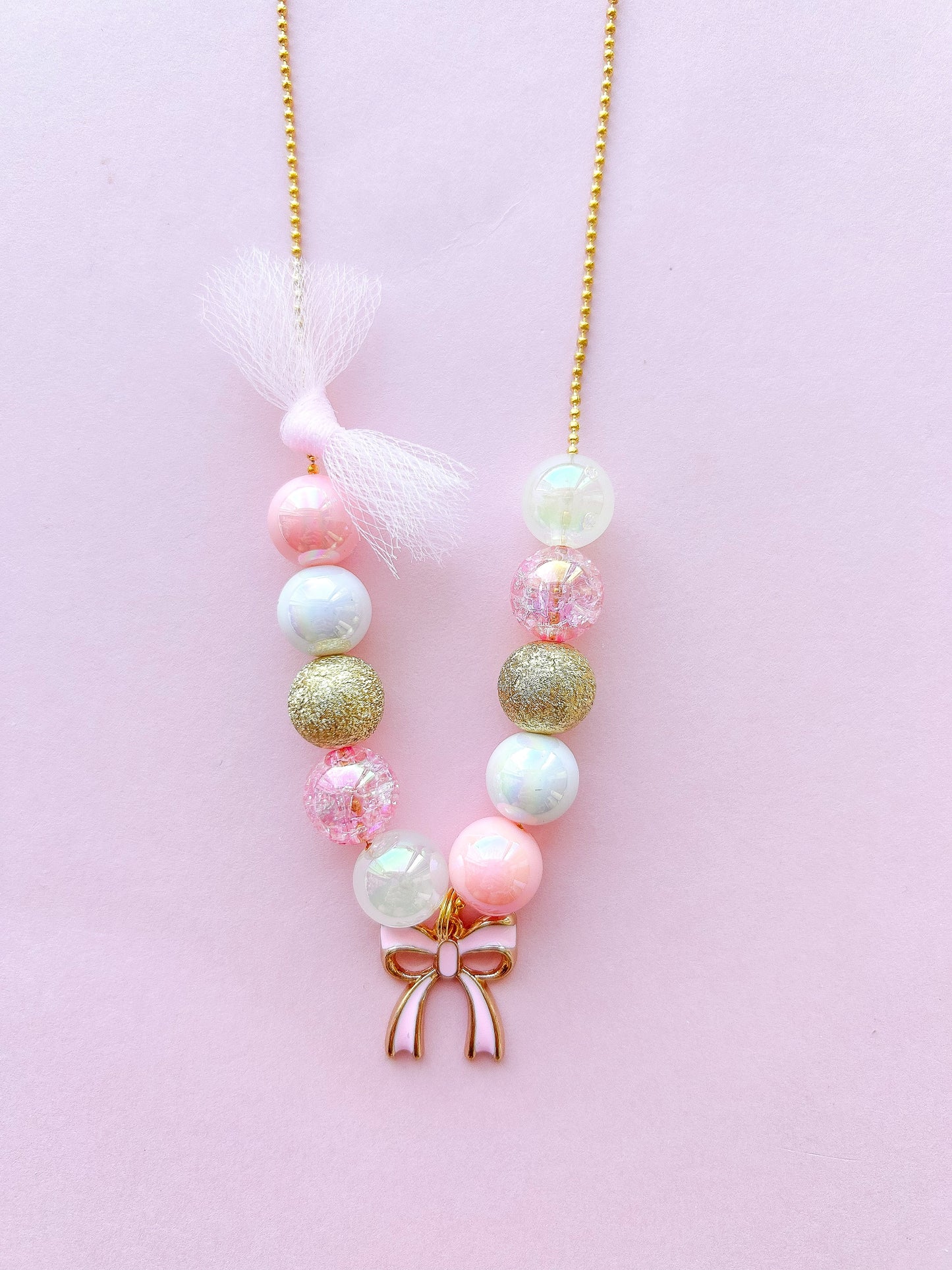 Beaded Pink Bow Necklace
