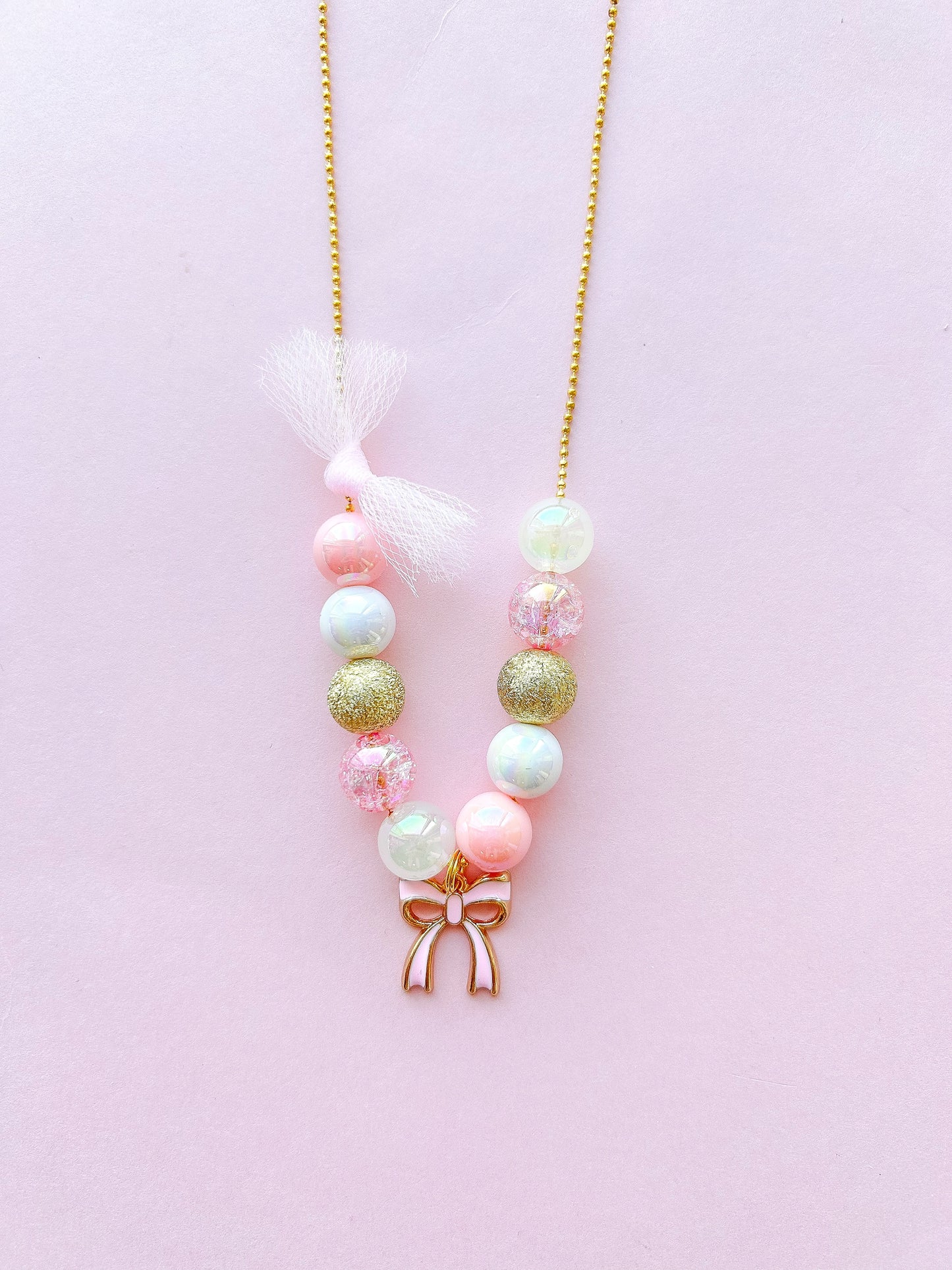 Beaded Pink Bow Necklace