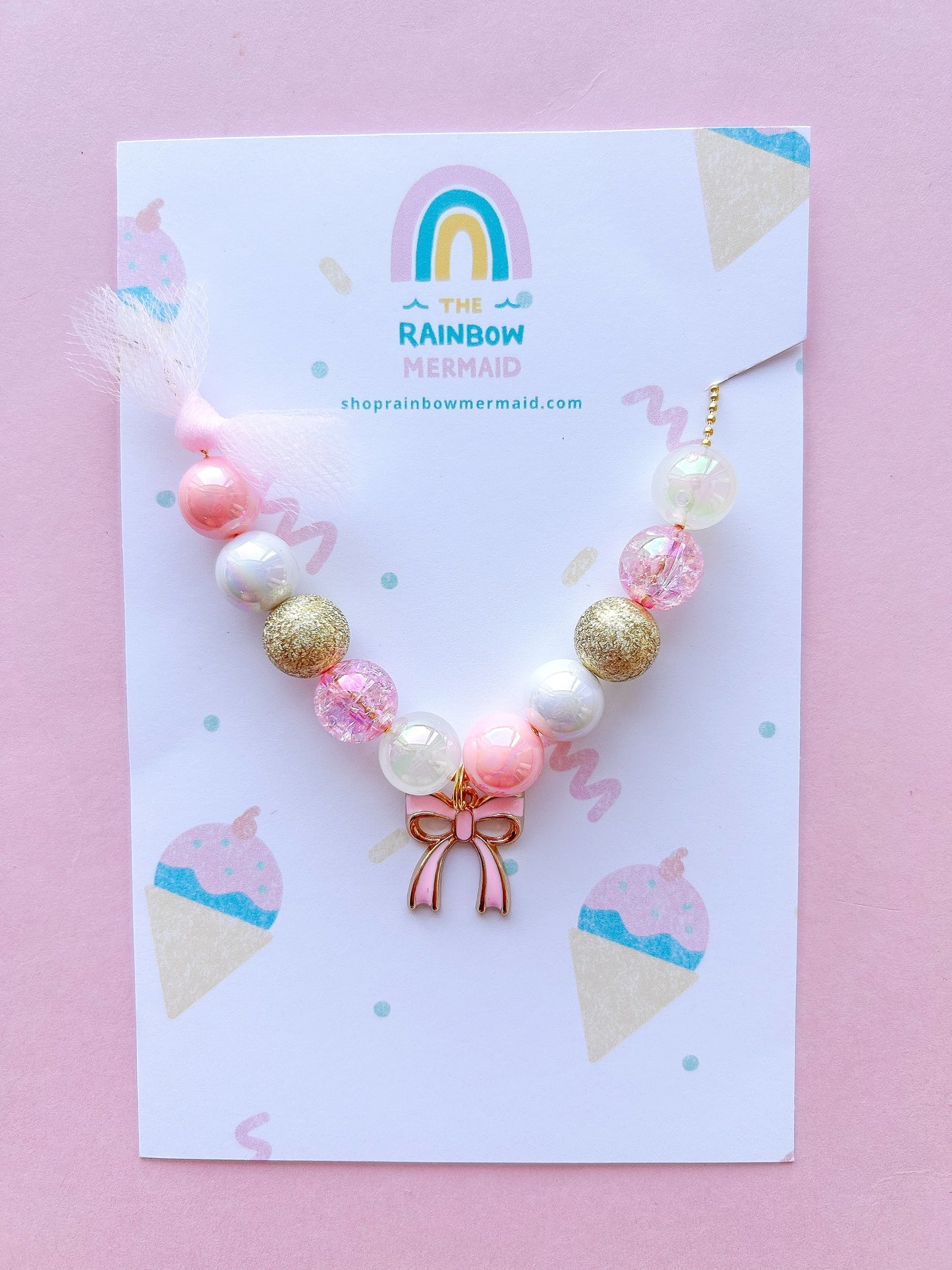 Beaded Pink Bow Necklace