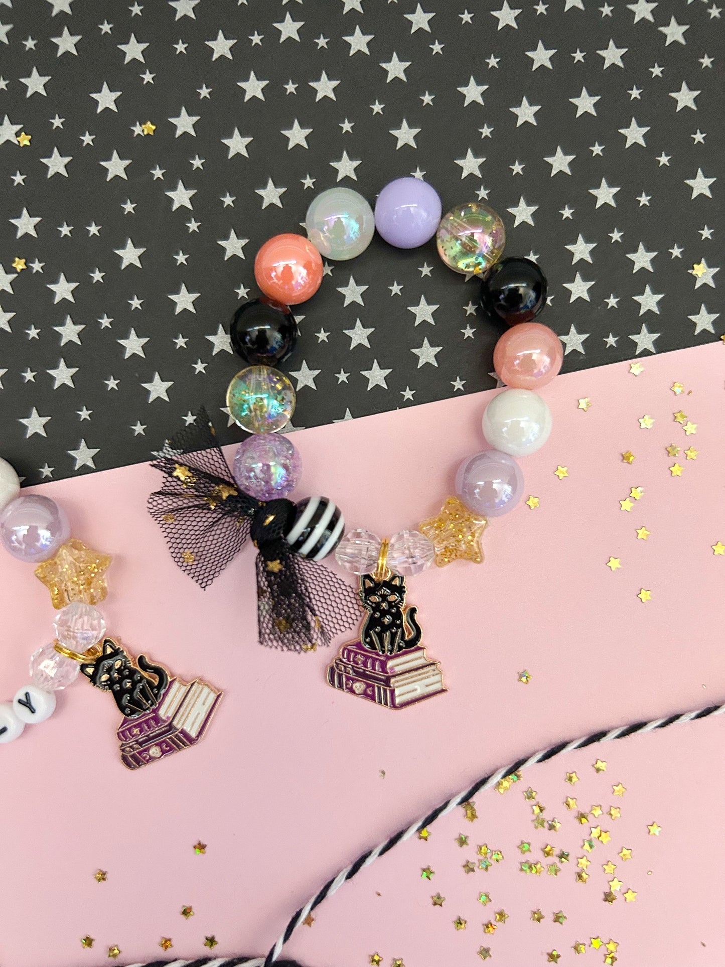 Halloween Cat Witch Spell Kids Charm Bracelet, Personalized, Custom Name