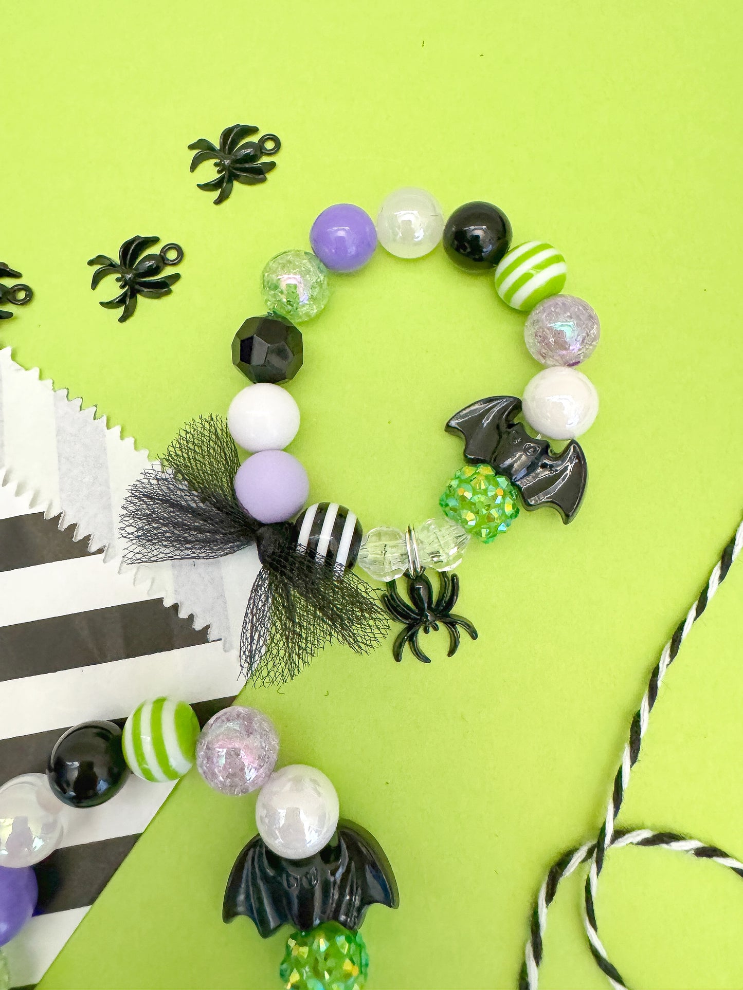 Halloween Spider Bat Charm Bracelet with Tulle, Kids Adult, Personalized, Custom Name