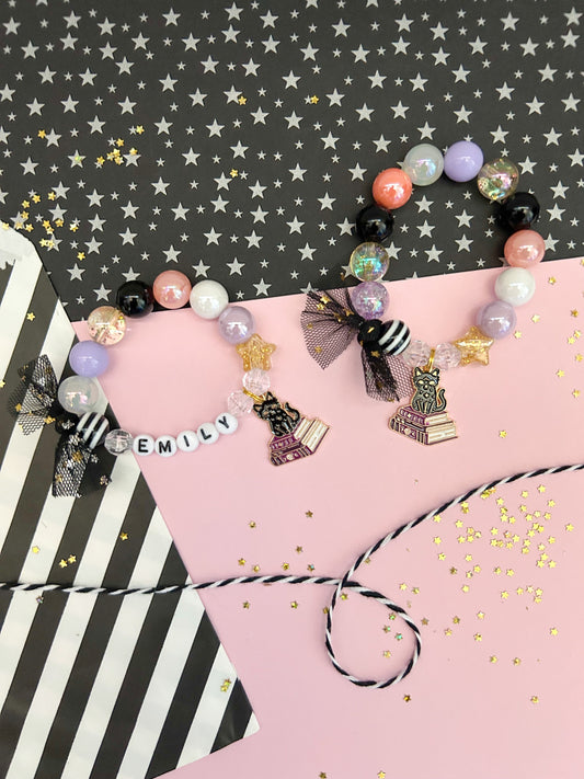 Halloween Cat Witch Spell Kids Charm Bracelet, Personalized, Custom Name