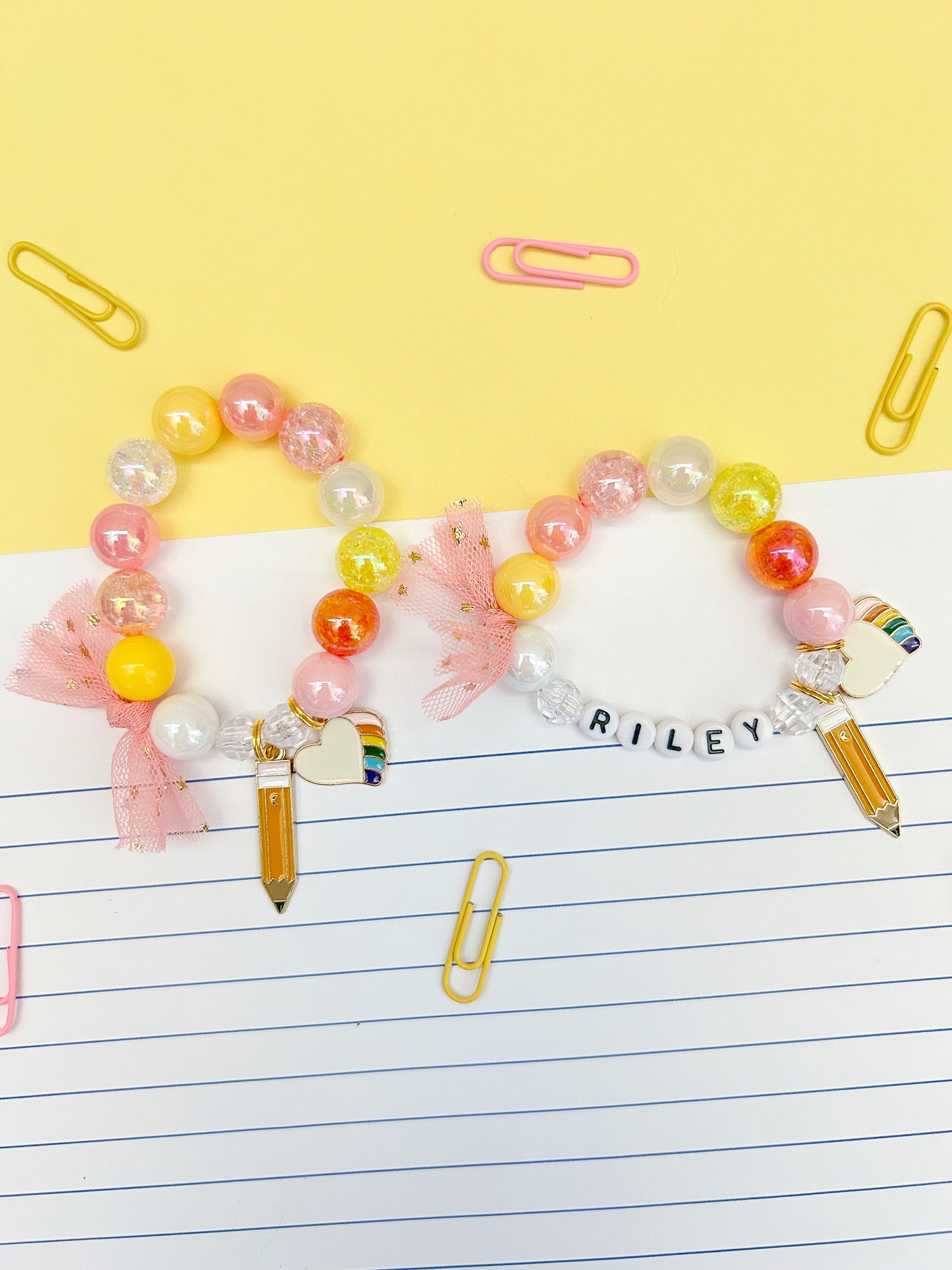 Back to School Kids Pencil and Heart Beaded Charm Bracelet, Personalized, Custom Name