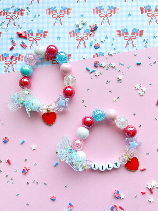 4th of July Heart Kids Beaded Charm Bracelet