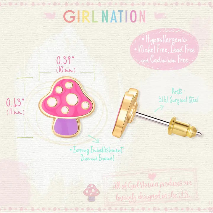 Stud Earrings - Hypoallergenic, Lead and Nickel Free - Mini Mushroom