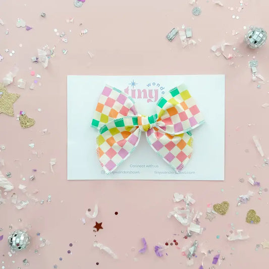 Hair Bow - Neon Rainbow Checkered