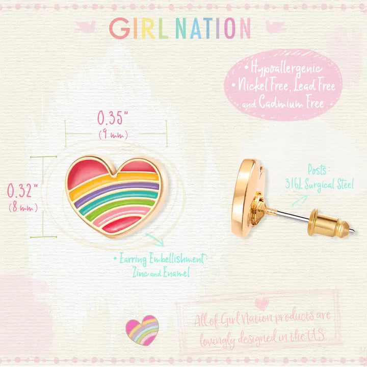 Stud Earrings - Hypoallergenic, Lead and Nickel Free - Rainbow Heart