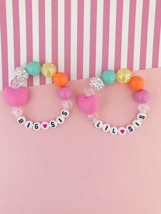 Big Sis AND Lil Sis Rainbow Heart Charm Bracelet - Set of 2