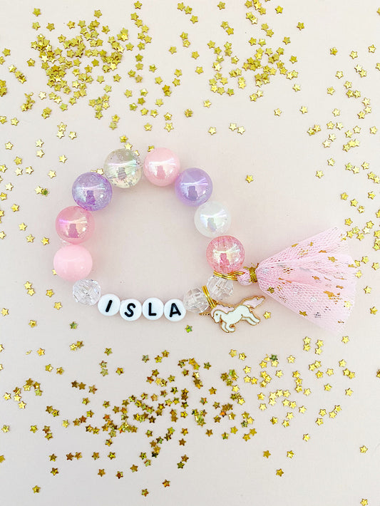 Kids Magical Unicorn Tassel Charm Bracelet, Personalized, Custom Name, Tulle Tassel