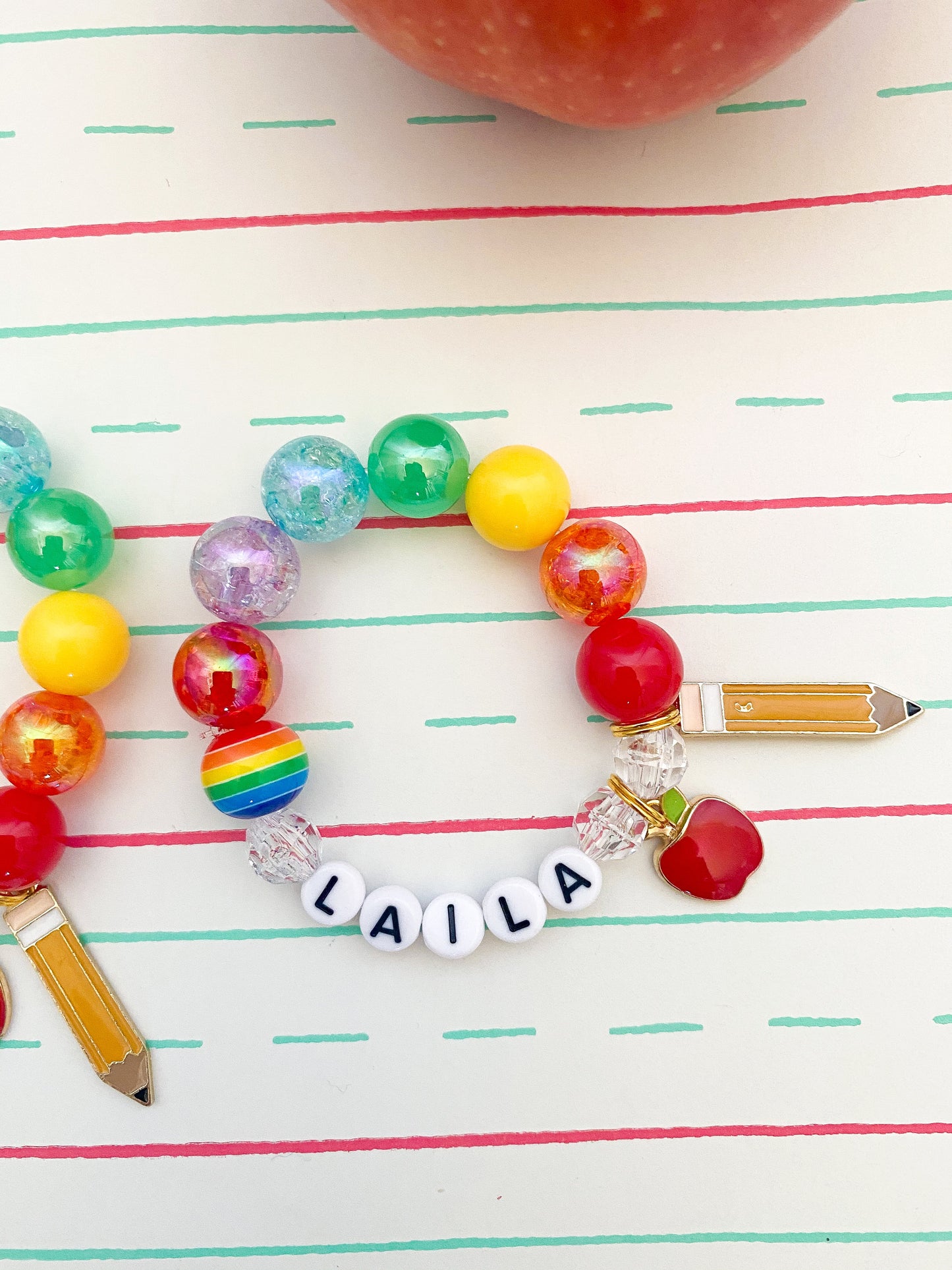 Back to School: Rainbow Pencil and Apple Charm Bracelet- Customizable