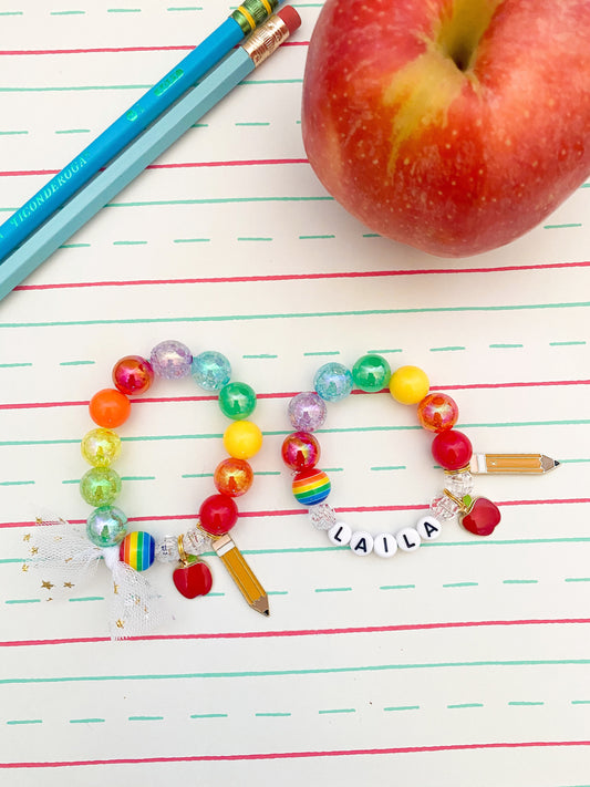 Back to School: Rainbow Pencil and Apple Charm Bracelet- Customizable